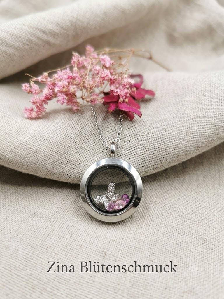 Amulett Silber mit 3 floating Charms, Andenken, Talisman, Anhänger , für die Blüten deines Brautstraußes,